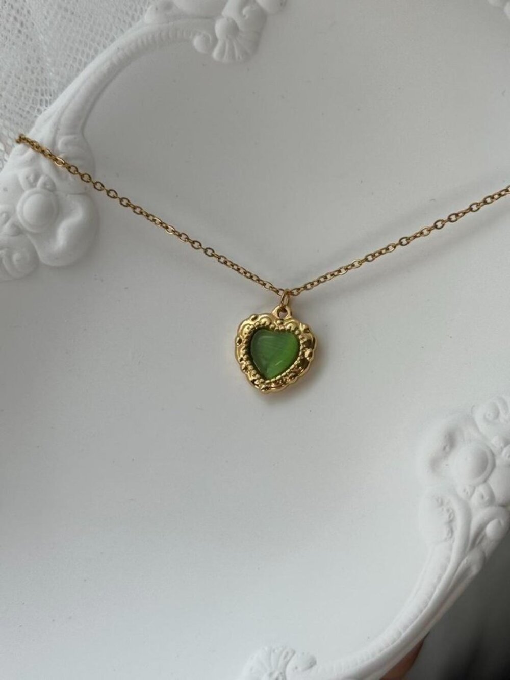 Sku0430 Retro Gold Green Gemstone Women Heart shape Pedant Necklace + gift bag - Picture 4 of 6
